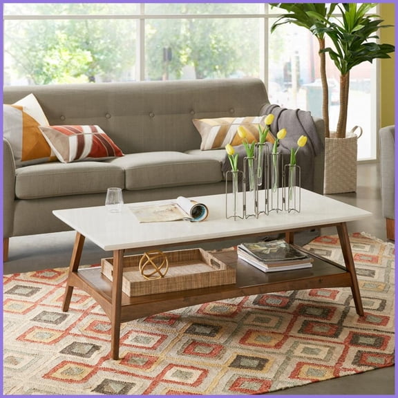 Mid-Century Two-Tone Coffee Table with Lower Storage Shelf - Solid Wood Frame & MDF Top for Living Room