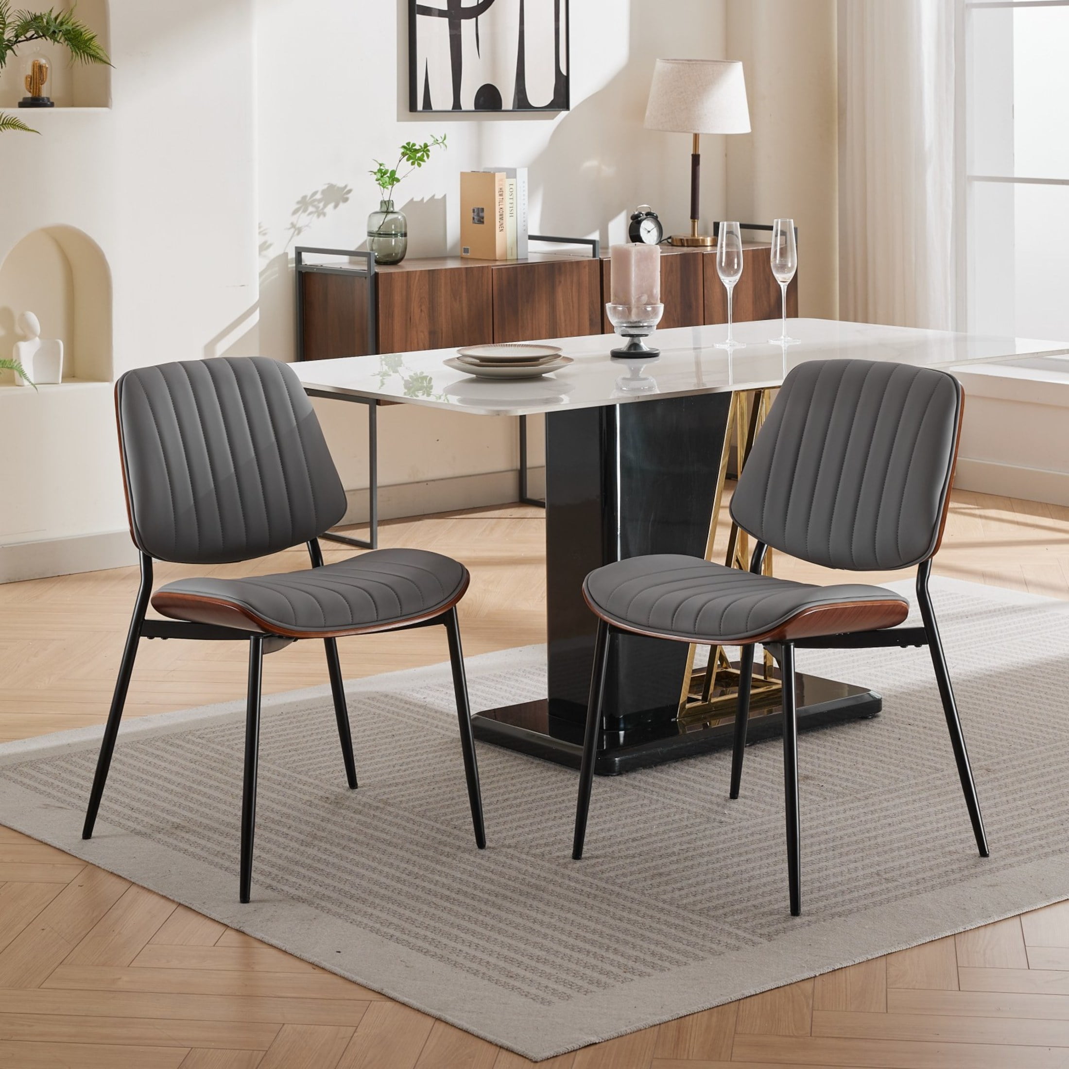 Mid-Century Upholstered PU Dining Chairs with Walnut Bentwood Back and Metal Tapered Legs, Gray, Set of 2