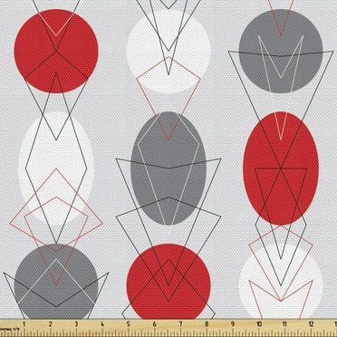 Ambesonne Mid Century Fabric by the Yard Upholstery, Geometrical Spotty, 2 Yards, Grey Red White