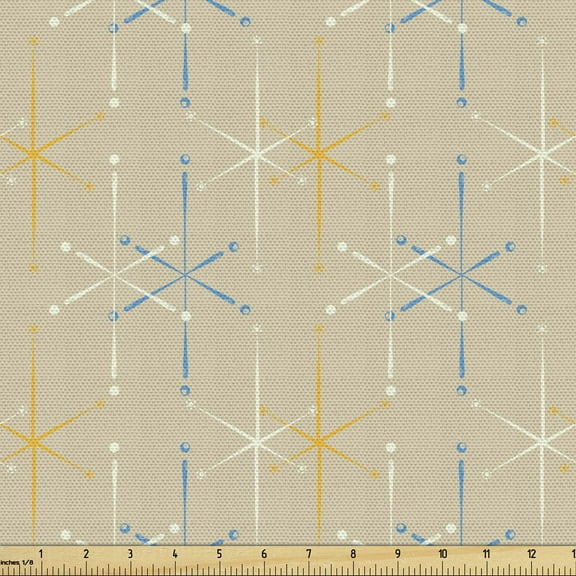 Ambesonne Mid Century Fabric by the Yard Upholstery, Snowflake Like Motifs, 10 Yards, Pale Mustard and Multicolor