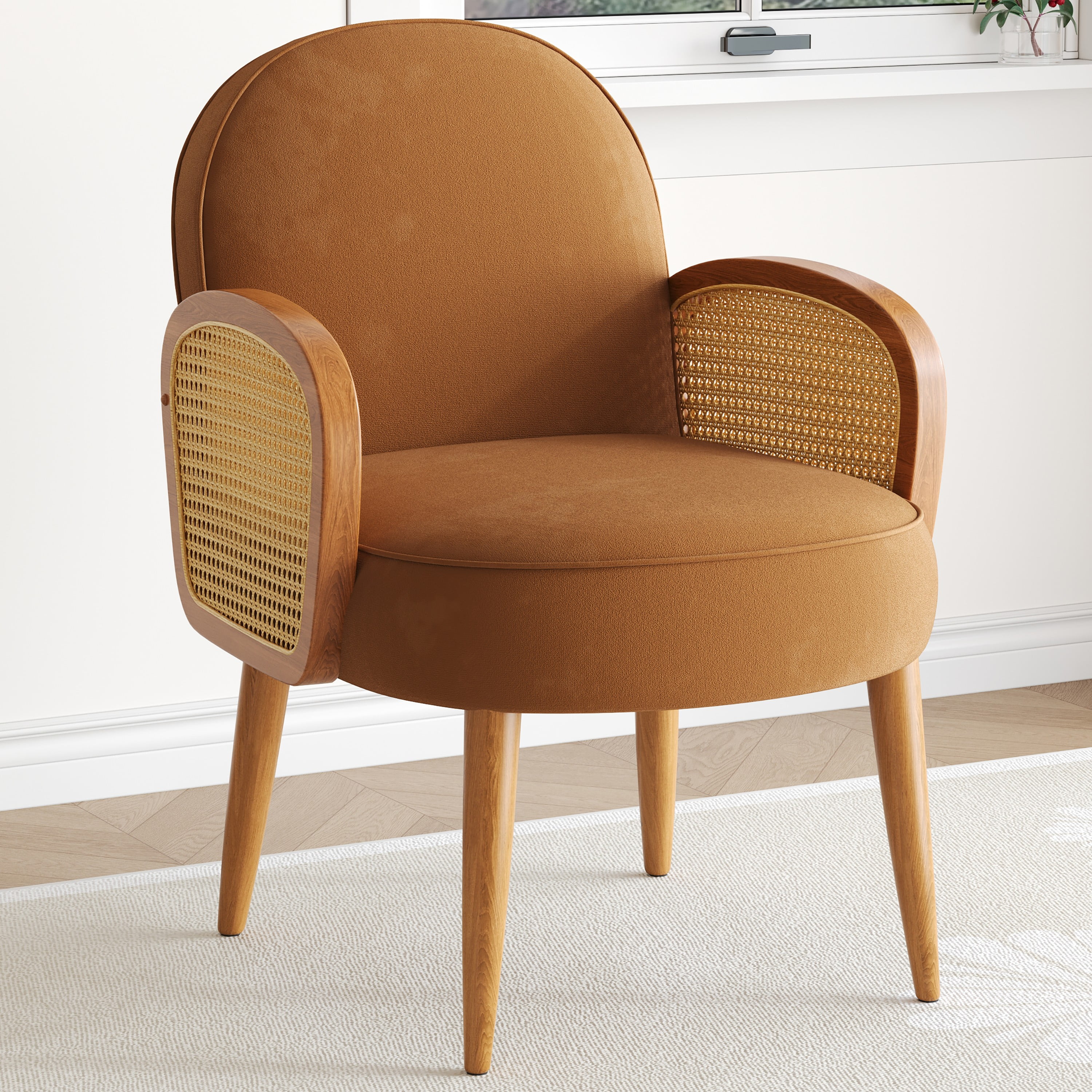 Mid-century Accent Chair with Rattan Armrests&Wooden Legs, for Living Room Reading Bedroom Balcony, Brown