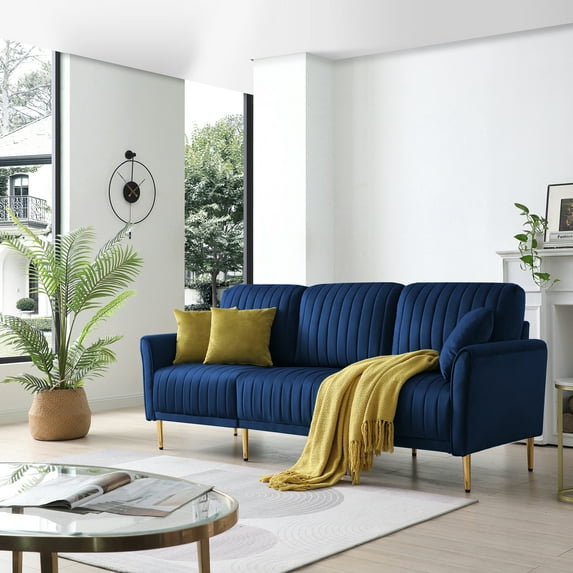 Mid-Century Velvet Sofa, Loveseat Accent Sofa with Golden Metal Legs, Channel Tufted Couch, for Living Room Bedroom Apartment Small Space Dorm, Blue