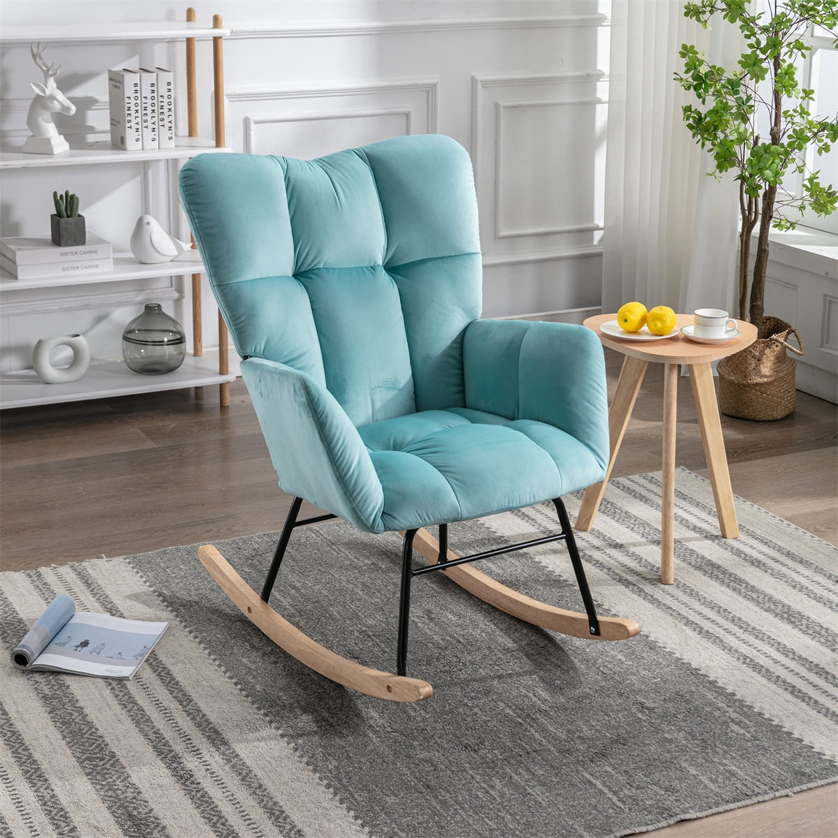 Mid Century Velvet Tufted Upholstered Rocking Chair Vintage Accent Chair Rocker Chair for Lounge Padded Seat with Solid Wood Frame Comfy Armchair for Living Room Bedroom Nursery Cyan Blue Walmart