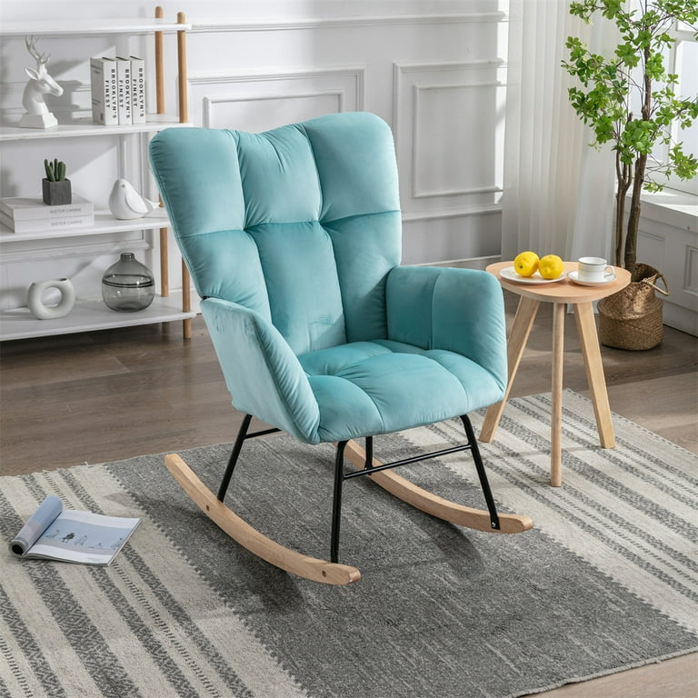 Mid Century Velvet Tufted Upholstered Rocking Chair Vintage Accent Chair Rocker Chair for Lounge Padded Seat with Solid Wood Frame Comfy Armchair for Living Room Bedroom Nursery Cyan Blue Walmart