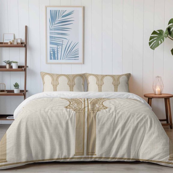 Mid Century Vintage Arch Door California King Size Bed Set,Ethnic Gold Stripes on Burlap Bedding for All Seasons,4 Pcs Bed Set with 1 Quiltcover (96"x104"),1 Sheet (110"x98"),2 Pillowcases (20"x36")