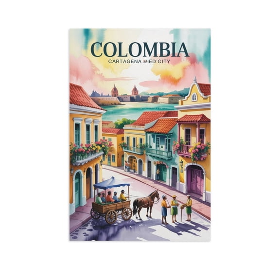 Mid-Century Vintage City Travel Poster of Cartagena with Architectural Landmarks And Charm Print Poster