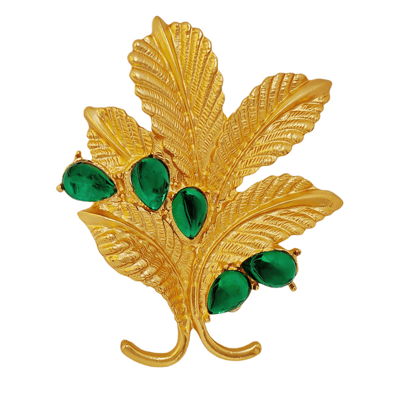 Mid-Century Vintage Green Stone and Gold Leaf Brooch