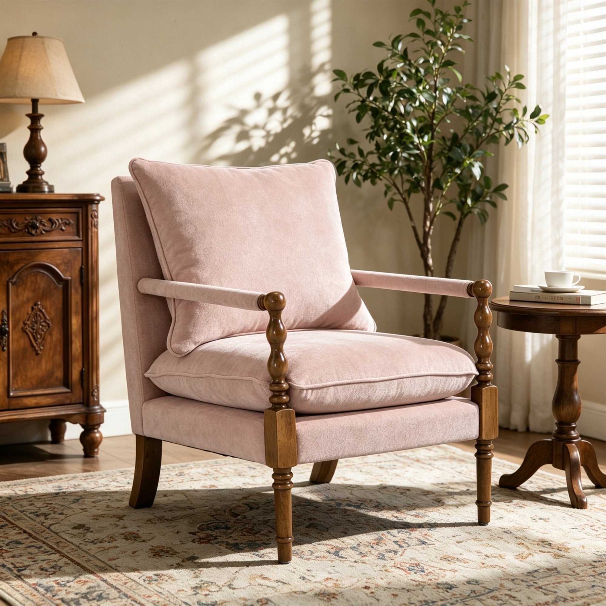 Mid-Century Vintage Spindle Armchair,Chenille Accent Chair with Cushion & Wood Frame for Living Room Bedroom Office,Pink