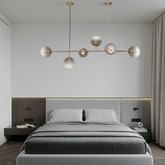 Mid Century Vintage Sputnik Chandelier Lighting 6-Light Modern Globe Pendant Light Gold Farmhouse Linear Chandelier Kitchen Island Lighting (Gold+Smoke Gray)