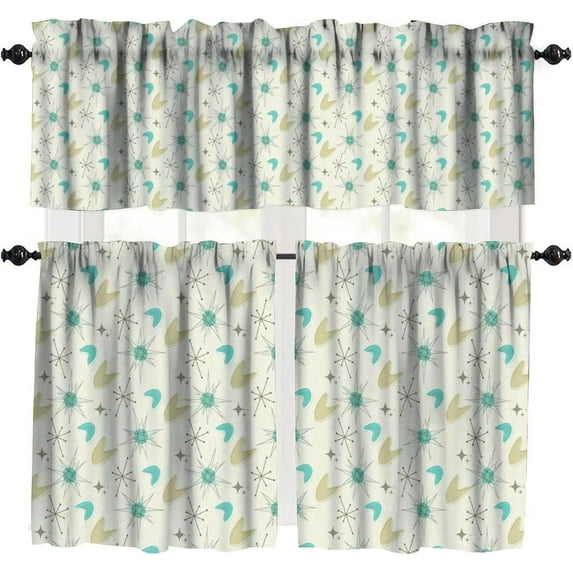 Mid Century Vintage Valances Set for Kitchen, Abstract Geometric Mid Century Atomic Modern Retro Home Decor Rod Pocket Window Drapes for Living Room Dining Room Office 52x18 Inch + 27x36 Inch X 2