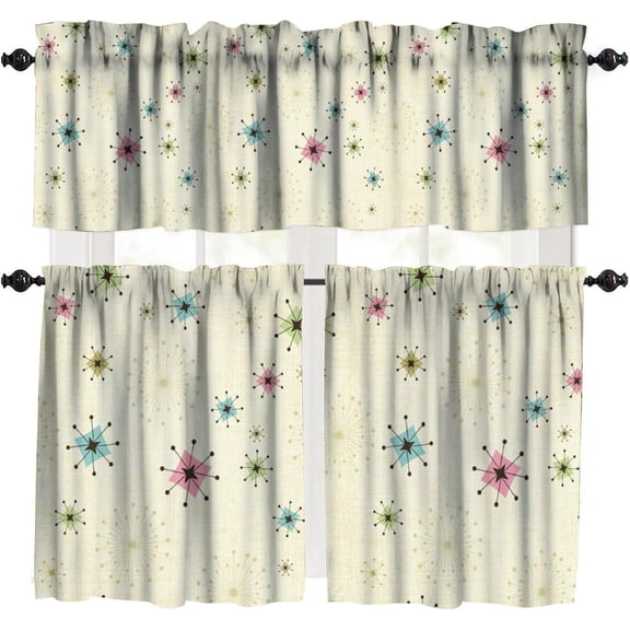 Mid Century Vintage Valances Set for Kitchen, Abstract Geometric Mid Century Retro Atomic 1950S Home Decor Rod Pocket Window Drapes for Living Room Dining Room Office 52x18 Inch + 27x36 Inch X 2