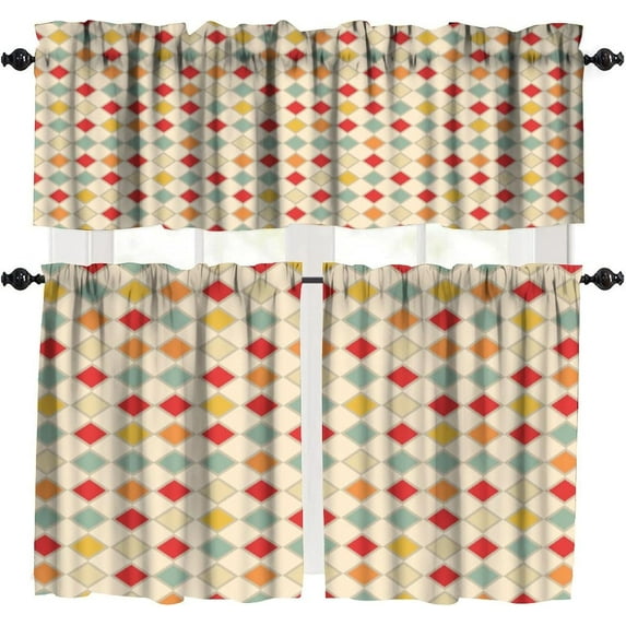 Mid Century Vintage Valances Set for Kitchen, Colorful Medieval Retro Abstract Geometric Blocks Home Decor Rod Pocket Window Drapes for Living Room Dining Room Office 52x18 Inch + 27x24 Inch X 2