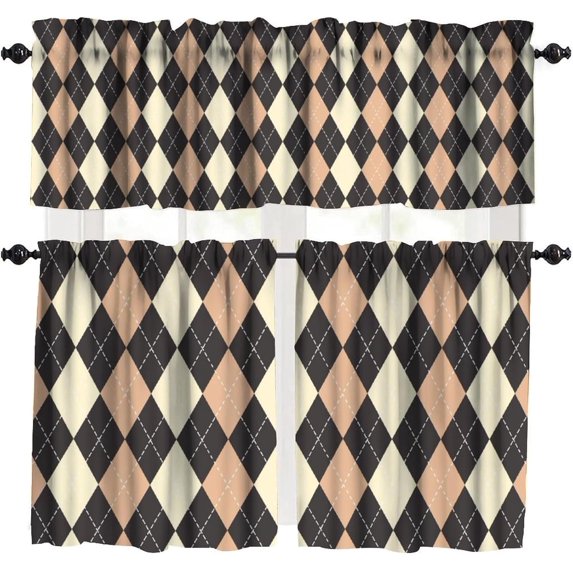 Mid Century Vintage Valances Set for Kitchen, Medieval Retro Abstract Geometric Blocks Home Decor Rod Pocket Window Drapes for Living Room Dining Room Office 52x18 Inch + 27x36 Inch X 2