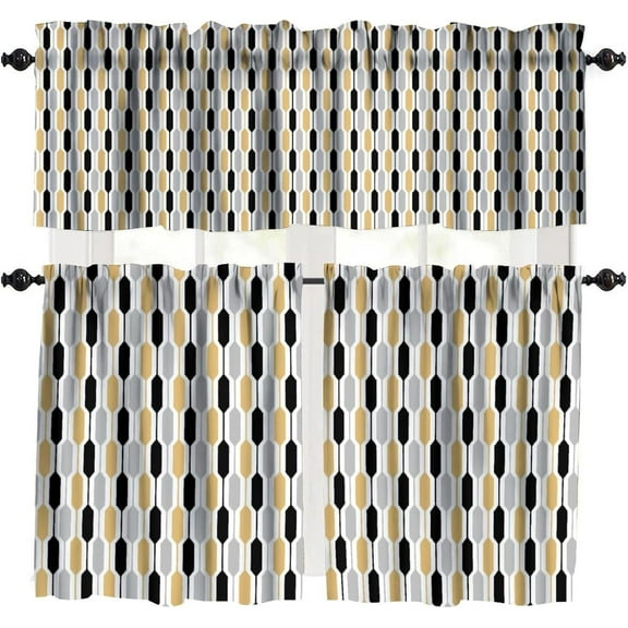 Mid Century Vintage Valances Set for Kitchen, Mid Century Geometric Gold Black Gray Modern Retro Home Decor Rod Pocket Window Drapes for Living Room Dining Room Office 52x18 Inch + 27x24 Inch X 2