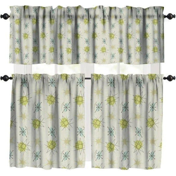 Mid Century Vintage Valances Set for Kitchen, Vintage 1950s Modern Abstract Atomic Vintage Stars Home Decor Rod Pocket Window Drapes for Living Room Dining Room Office 52x18 Inch + 27x24 Inch X 2