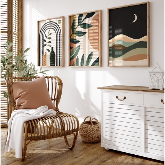 Mid Century Wall Art Beige Green Terracotta Boho Abstract Floral Print ...