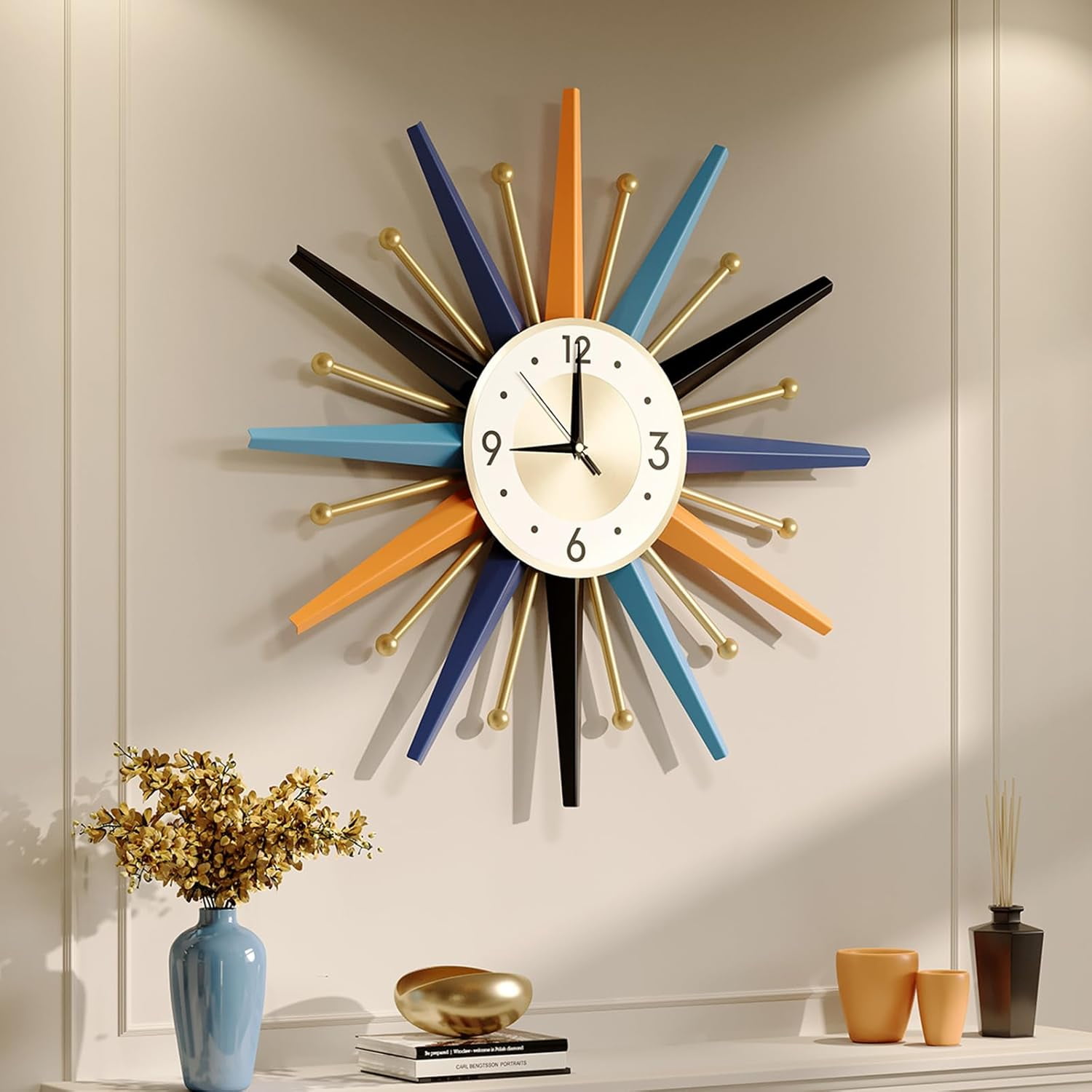 Mid Century Wall Clock, 22 Inch Large Vintage Metal Colorful Starburst ...