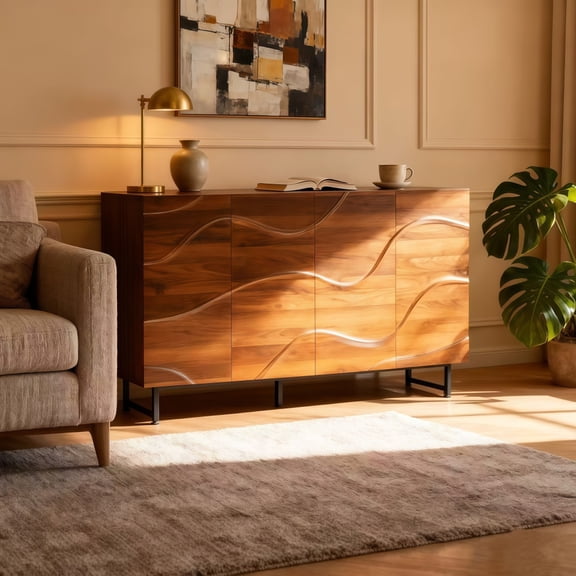 Mid-Century Walnut Sideboard, 59" Geometric Carved Buffet Cabinet with Metal Legs