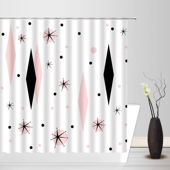 Mid Century Waterproof Shower Curtain Modern Abstract Atomic Diamond Polka Dots Retro 1950s Geometric Bathroom Decor Polyester Curtains with Hooks 36"W x 72"L (Pack of 1)