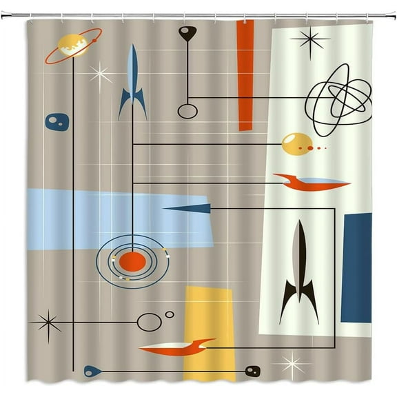 Mid Century Waterproof Shower Curtain Vintage Iconic Atomic Starbursts Modern Retro Space Abstract Geometric Gray Fabric Bathroom Decor Set with Hooks 72"W x 72"L (Pack of 1)