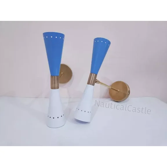 Mid Century White & Blue Brass Wall Sconce Pair Italian Diabolo Vintage