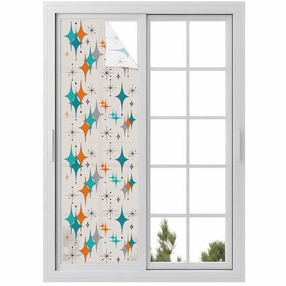 Mid Century Window Privacy Film Boho Modern Geometric Teal Orange Star Decorative Glass Window Film UV Blocking Static Cling Non-Adhesive Sticker Covering for Home Door 23.6 x 78.7 inches