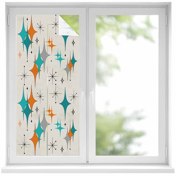 Mid Century Window Privacy Film Boho Modern Geometric Teal Orange Star Decorative Glass Window Film UV Blocking Static Cling Non-Adhesive Sticker Covering for Home Door 19.6 x 39.3 inches