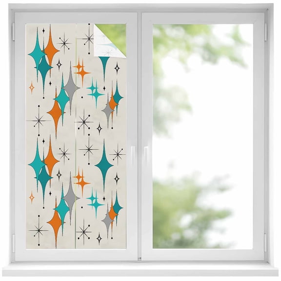 Mid Century Window Privacy Film Boho Modern Geometric Teal Orange Star Decorative Glass Window Film UV Blocking Static Cling Non-Adhesive Sticker Covering for Home Door 17.7 x 39.3 inches