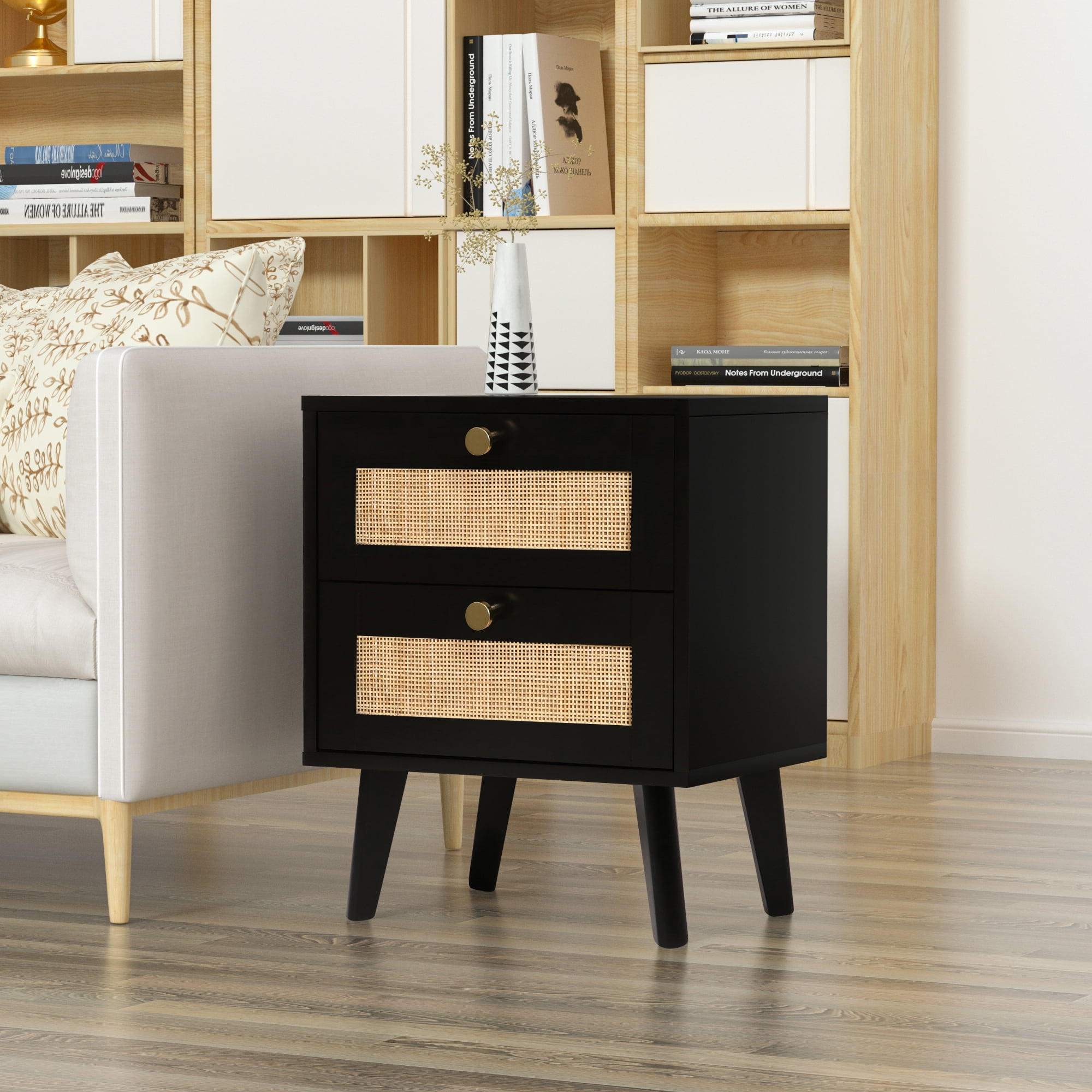 MidCentury Wood Nightstands with Rattan 2 Drawers,Modern Side Table