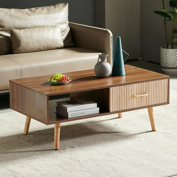 Mid Century Wooden Coffee Table with Stripe Drawer,Modern 41" Large Center Table with Storage,Rectangular Light Wood Coffee Tables for Living Room, 2-Tier Cocktail Table, Solid Wood Legs