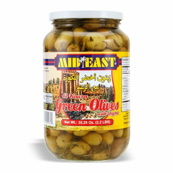 Mid East El Koura Green Olives (with Thyme) in Brine 35 oz