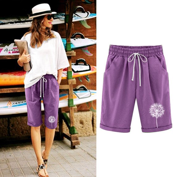 Mid Length Athletic Shorts for Women Lightweight High Split for Gym Workout with Liner Quick Dry Vmvidoty Women's Elastic Waist Blowball Printing Drawstring Shorts Purple L