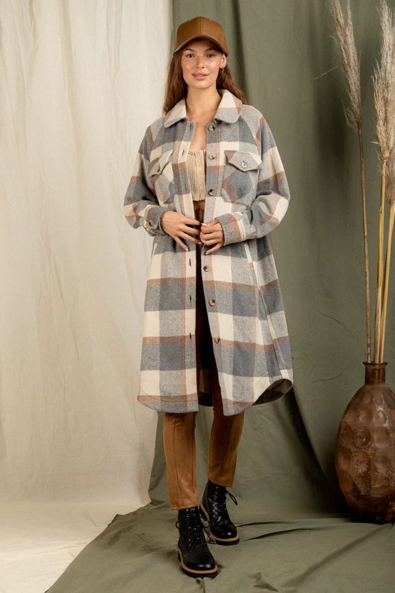 Mid Length Checkered Shacket (L, MultiGrey)
