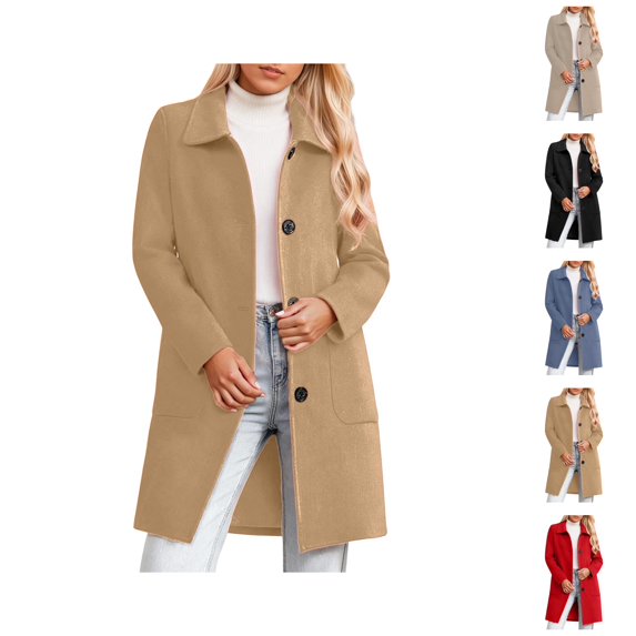 Mid Length Coat With Notch Lapel Button Front Pockets Long Sleeve Winter Outerwear For Cold Weather
