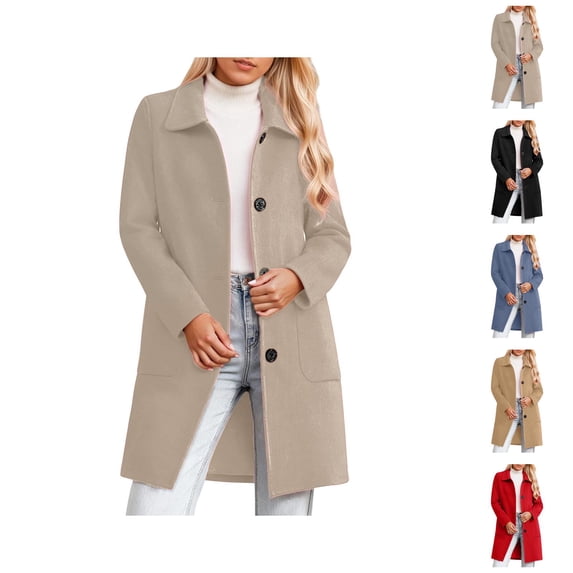 Mid Length Coat With Notch Lapel Button Front Pockets Long Sleeve Winter Outerwear For Cold Weather
