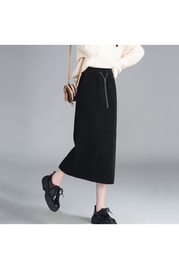 Mid-Length Elastic Waistband Thickened Fleece-Lined Skirts