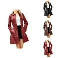 thumbnail image 1 of Mid Length Faux PU Leather Trench Coat for Women Long Sleeve Zip Up Lapel Jacket Overcoat with Belt Outerwear, 1 of 8
