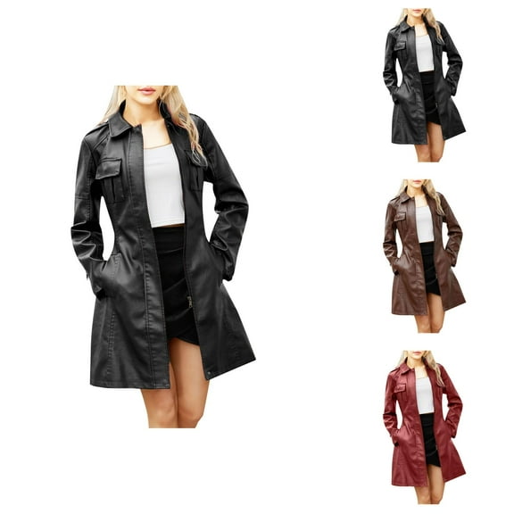 Mid Length Faux PU Leather Trench Coat for Women Long Sleeve Zip Up Lapel Jacket Overcoat with Belt Outerwear