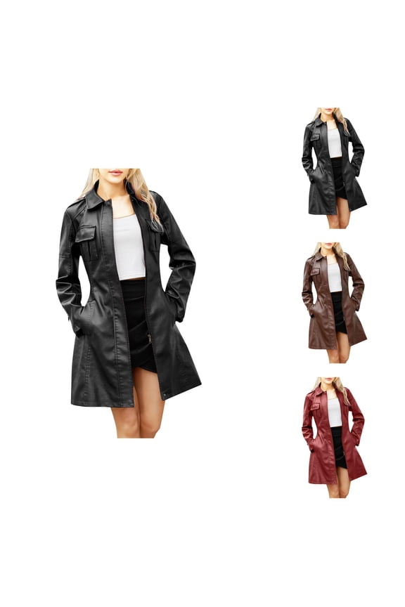 Mid Length Faux PU Leather Trench Coat for Women Long Sleeve Zip Up Lapel Jacket Overcoat with Belt Outerwear