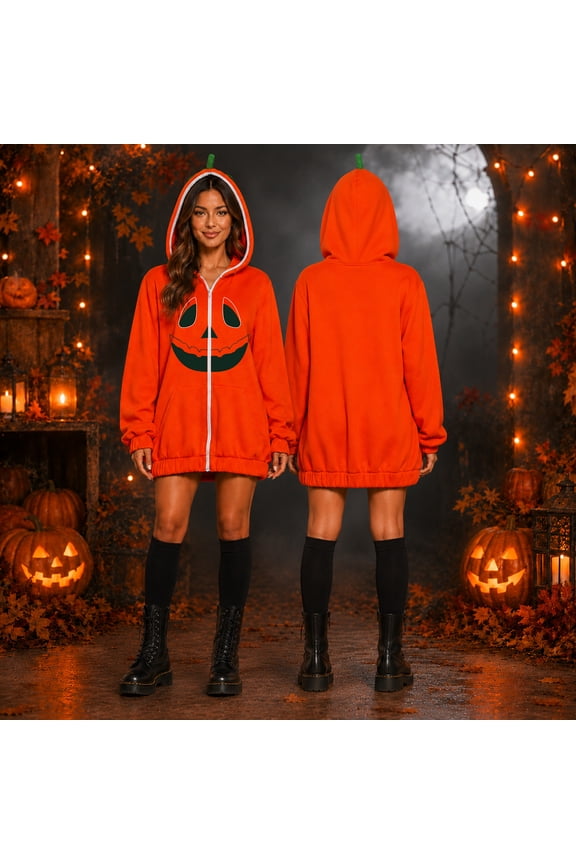 Mid Length Holiday Costume Coat, Scary Fangs Pumpkin Face Hooded Zip Jacket, Oversized Mid Length Halloween Sweatshirt With 3D Stem Hood, Multiple Spooky Graphic Print Holiday Outerwear, Orange XXL