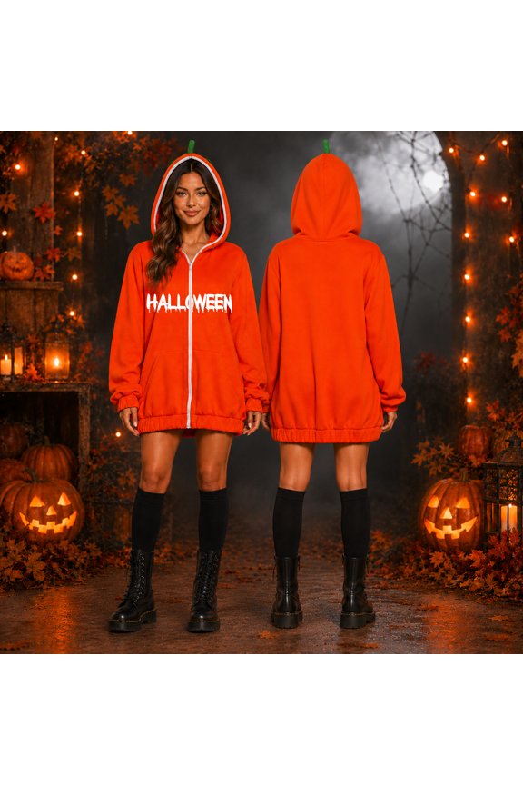 Mid Length Holiday Costume Coat, Scary Fangs Pumpkin Face Hooded Zip Jacket, Oversized Mid Length Halloween Sweatshirt With 3D Stem Hood, Multiple Spooky Graphic Print Holiday Outerwear, White M