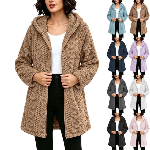Mid‑Length Hooded Coat for Women Full Zip Long Sleeve Double-sided Velvet Fleece Jacket Loose Warm Outerwear