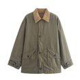 thumbnail image 1 of Mid-Length Oversized Canvas Jacket for Women with Contrast Corduroy Collar, Loose Fit Utility Coat, Lightweight Casual Workwear Outerwear, 1 of 5