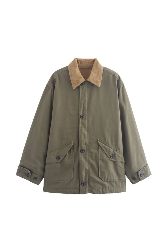 Mid-Length Oversized Canvas Jacket for Women with Contrast Corduroy Collar, Loose Fit Utility Coat, Lightweight Casual Workwear Outerwear