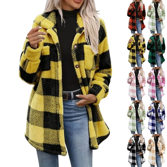 Mid-Length Plaid Jacket for Women Warm Fleece Button Down Turned-Down Collar Fall Winter Shacket Coat with Pockets
