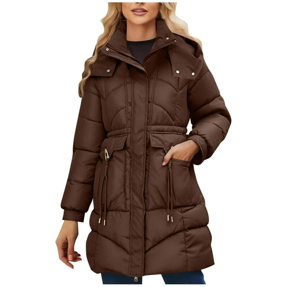 Mid Length Puffer Coat for Women Long Sleeve Standing Collar Solid Color Winter Jacket with Pockets Coffee S
