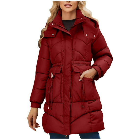 Mid Length Puffer Coat for Women Long Sleeve Standing Collar Solid Color Winter Jacket with Pockets Red M