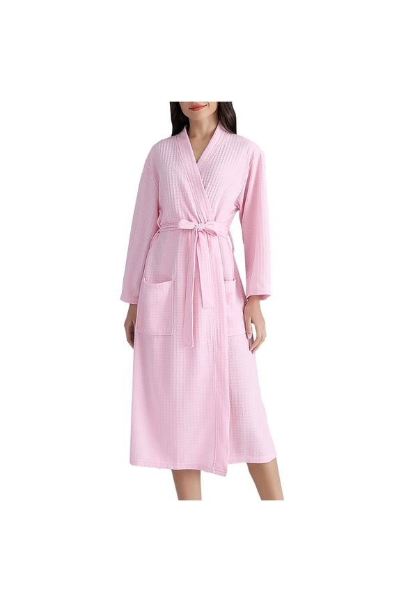 Mid-Length Robe Long Bathrobes for Women, Womens Cotton Robe, Kimonos Waffles Robe Loungewear Womens Robes S-70 Pink-a M