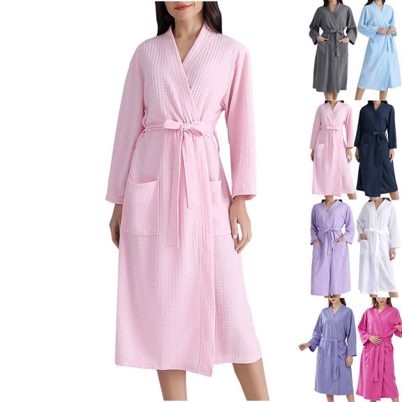 Mid-Length Robe Long Bathrobes for Women, Womens Cotton Robe, Kimonos Waffles Robe Loungewear Womens Robes S-70 Pink-a M