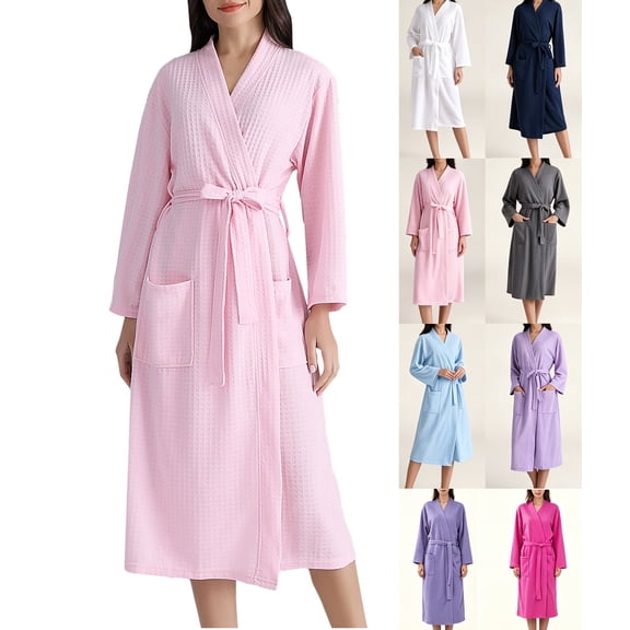 Mid-Length Robe Long Bathrobes for Women, Womens Cotton Robe, Kimonos Waffles Robe Loungewear Womens Robes S-70 Pink-a M